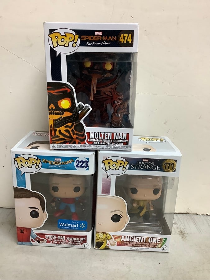 Pop figures(new in box-Molten Man, Ancient One, and Spiderman): Pop figures(new in box-Molten Man, Ancient One, and Spiderman)