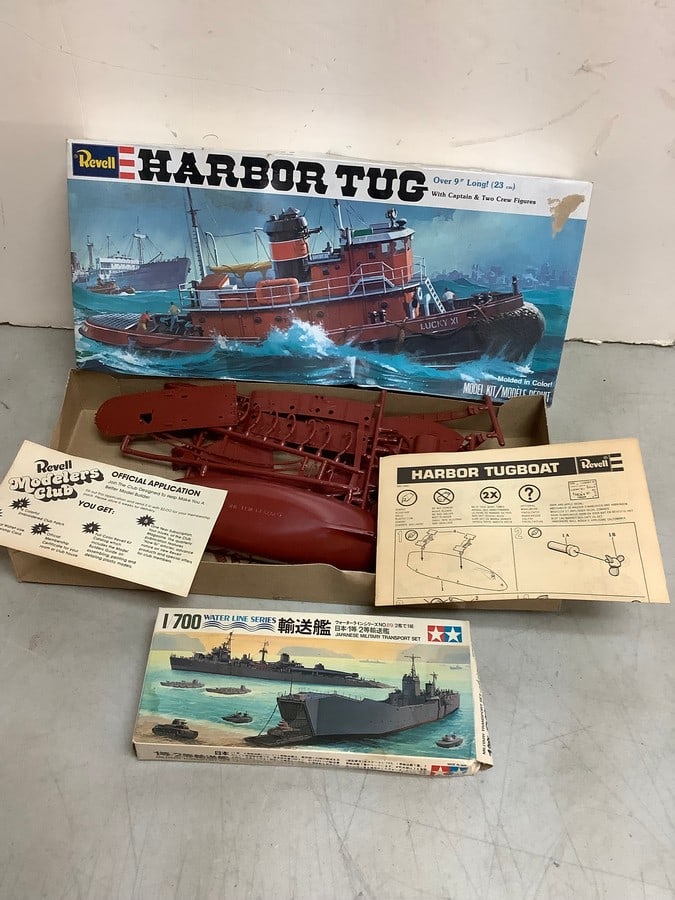 Vintage Revell Harbor Tug set and Tamiya military transport set: Vintage Revell Harbor Tug set and Tamiya military transport set