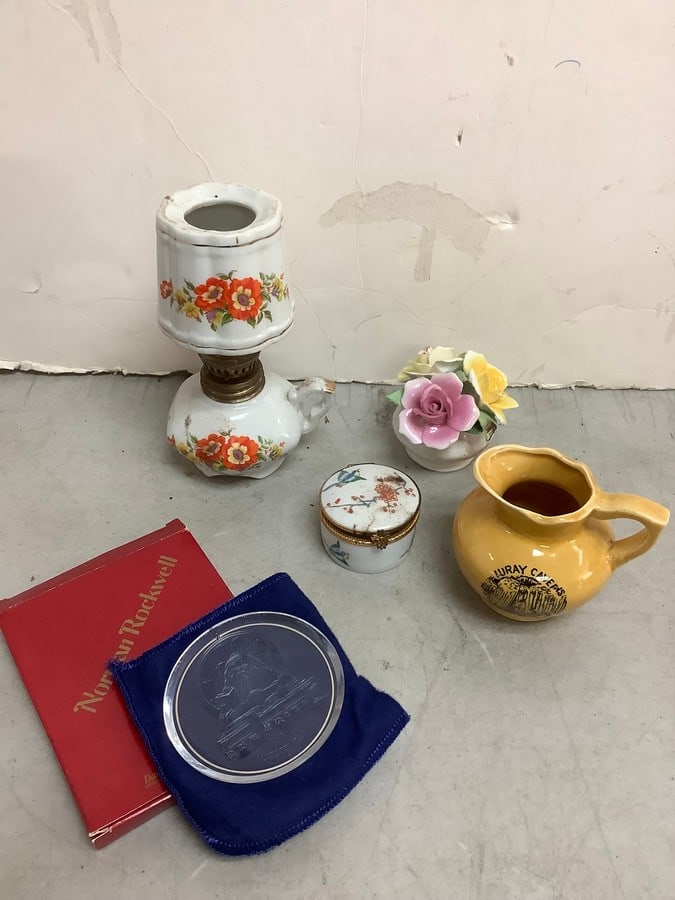 Ceramic pitcher, Norman Rockwell collectible, and more(6in.tallest): Ceramic pitcher, Norman Rockwell collectible, and more(6in.tallest)