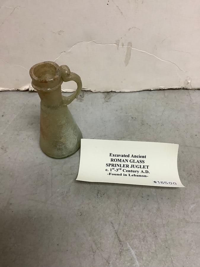 Excavated Ancient Roman glass Sprinler juglet(1st-3rd century-3.5in.tall): Excavated Ancient Roman glass Sprinler juglet(1st-3rd century-3.5in.tall)