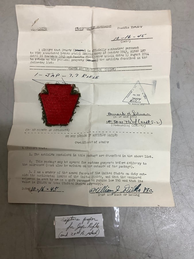 Capture paper for John Rifle and 29th patch): Capture paper for John Rifle and 29th patch)
