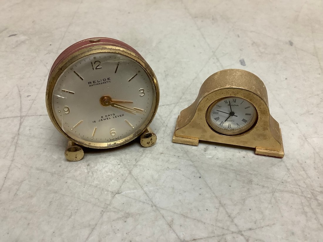 Relide and Bulova clocks(2in.tallest): Relide and Bulova clocks(2in.tallest)