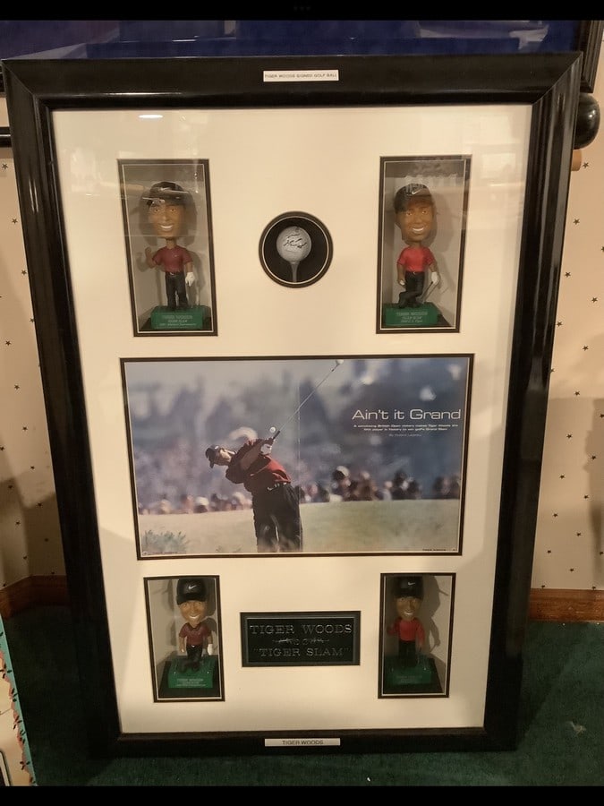 Tiger Woods wall display with signed golf ball and bobbleads (1 of 1)