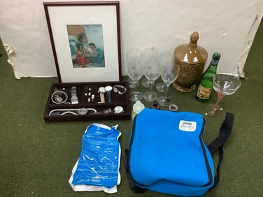 Fenton cup, decorative pitcher, drinking glasses, and more(tallest 9in.)