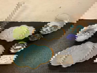 Roseville vase(9.5in.tall), vintage teapot, Royalist cigar box, and more