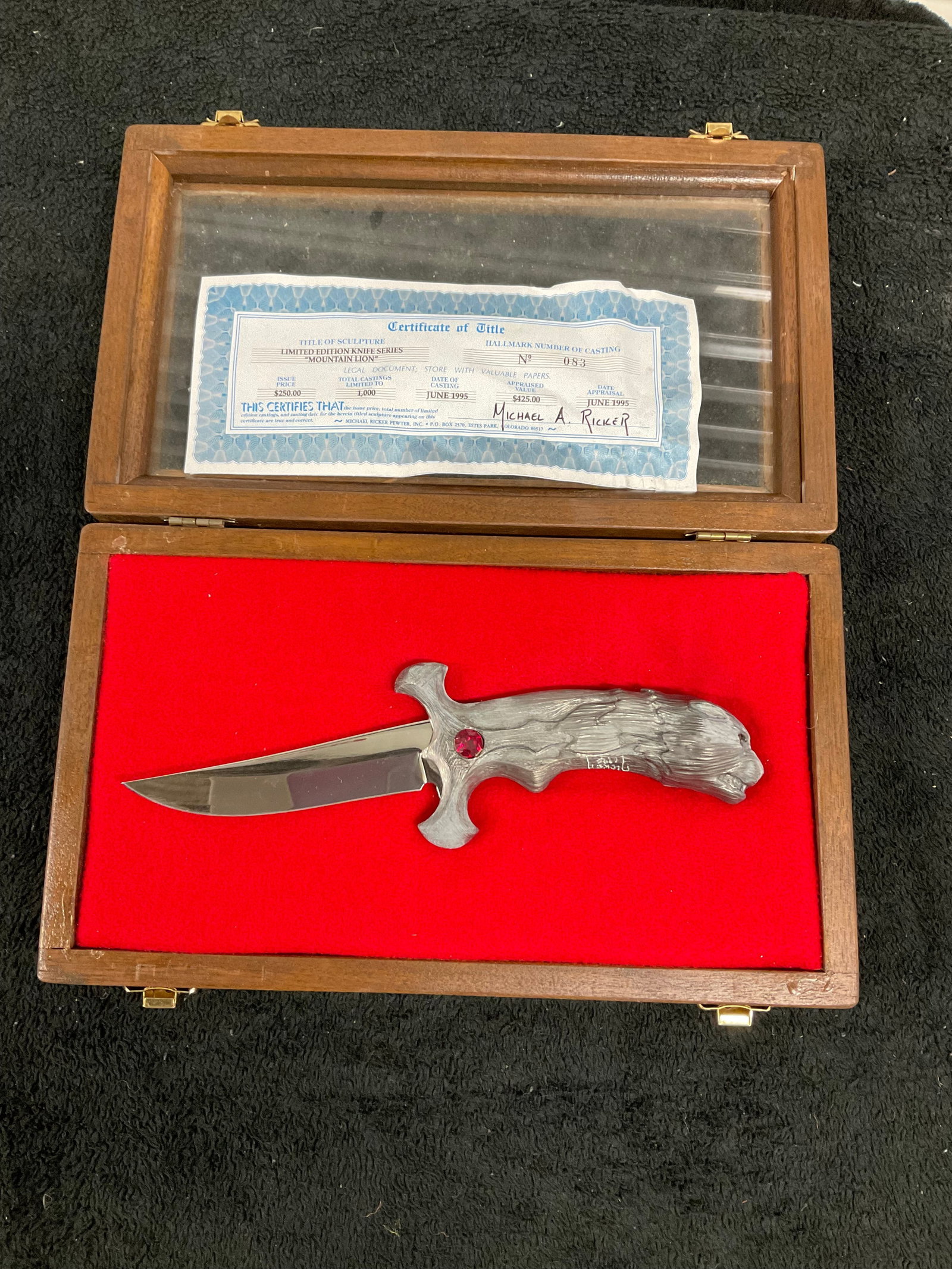 micheal ricker limited edition moutain lion pewter kneif with title: micheal ricker limited edition moutain lion pewter kneif with title