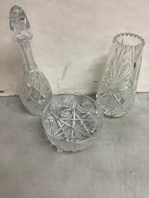cut glass decantor and bowl 15in tallest