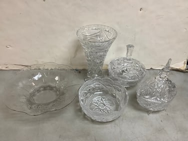cut glass bowl, candy dishes and vase 10.5in tallest