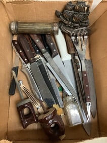 Vintage utensils, boat 5in tall and more