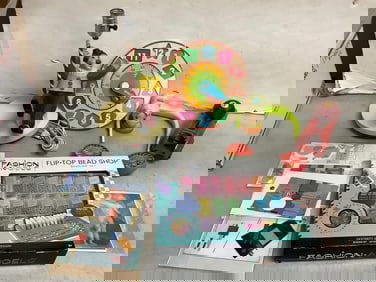 Clown lamp 13in tall, child play clock, NEW flip top bead shop and more