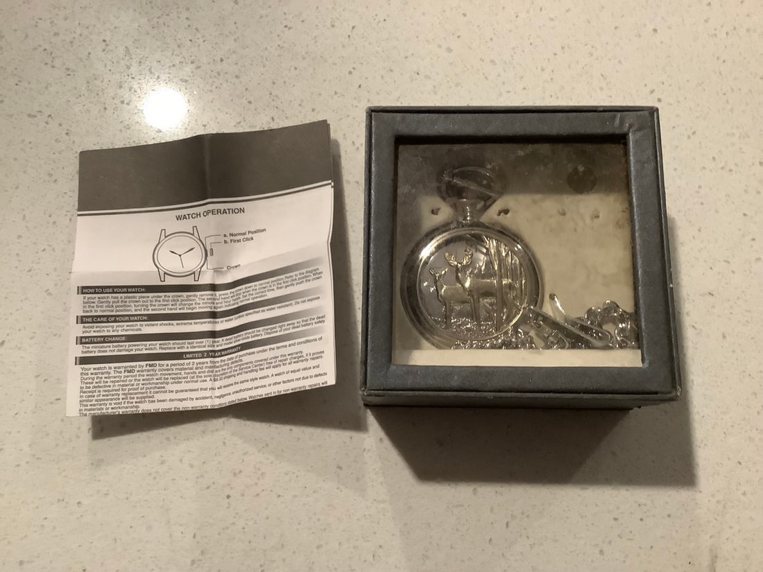 Vintage Mechanical pocket watch Deer silvertone coppertone whitetail dial NWT with instructions: Vintage Mechanical pocket watch Deer silvertone coppertone whitetail dial NWT with instructions