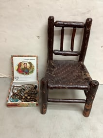 Antique doll chair and costume Jewelry in cigar box 20.5in tall