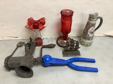 Vintage meat grinder, snowball maker, automatic waterer, bird feeder (chipped) 11in tallest