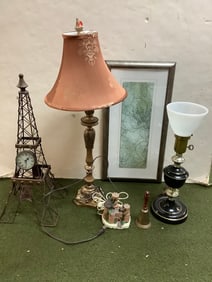 Effel tower clock, lamps and framed wall decor(25x13) 32in tallest
