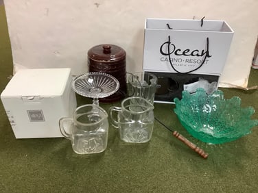 Mikasa serving dish, ocean casino mug and mug warmer set, green glass bowl and more 10in tallest