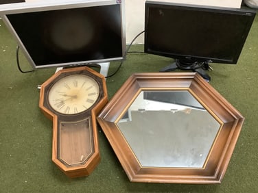woodframed mirror 21.25x24.25, wood clock and computer monitors (ACER and SAMSUNG)