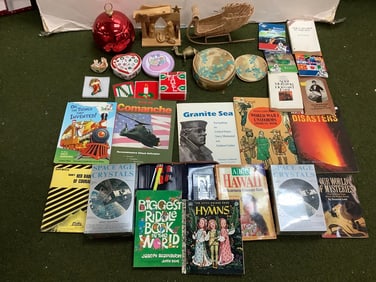 Books, knitted christmas coasters, wicker sleigh, TELEFLORA ornament cookie jar 8in tall and more