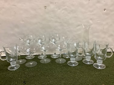 Irish coffee and various drinking glasses 9.25in tallest