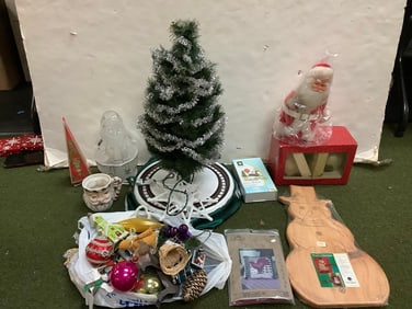 Small christmas tree set 22in tall, GORHAM glass santa, ornaments, musical santa and more