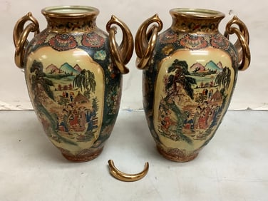 Oriental vase handpainted 14in tall (needs repair)