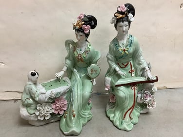 Vintage Ceramic asian Geisha statues 12.5in tallest (chipped)