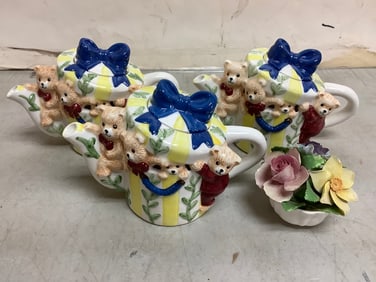 3 TEDDY teapot collection 4.5in tall and coalport bone china
