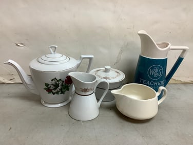 Floral ceramic teapot, Blended scotch wiskey 86 proof pitcher schieffelin & co.,Mikasa fine china