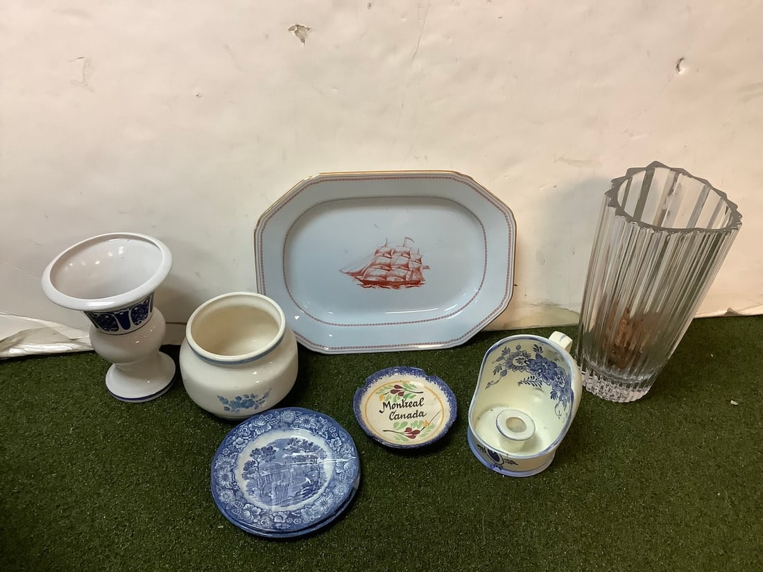 Clear glass vase 10.5in tall, blue transfer plates, serving tray and more (1 of 1)