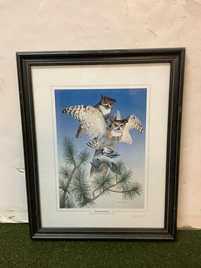 framed great horned owls print signed in pencil by artist MEL HUNTER 12.75x15.75 (1 of 1)