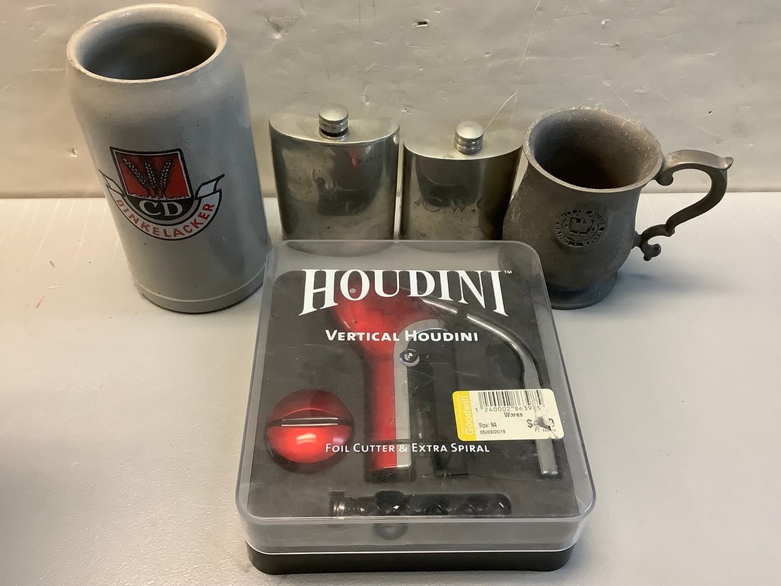 Vintage Flasks, Verticak Houdini Foil Cutter & Extra Spiral and more (Tallest - 7.5in): Vintage Flasks, Verticak Houdini Foil Cutter & Extra Spiral and more (Tallest - 7.5in)