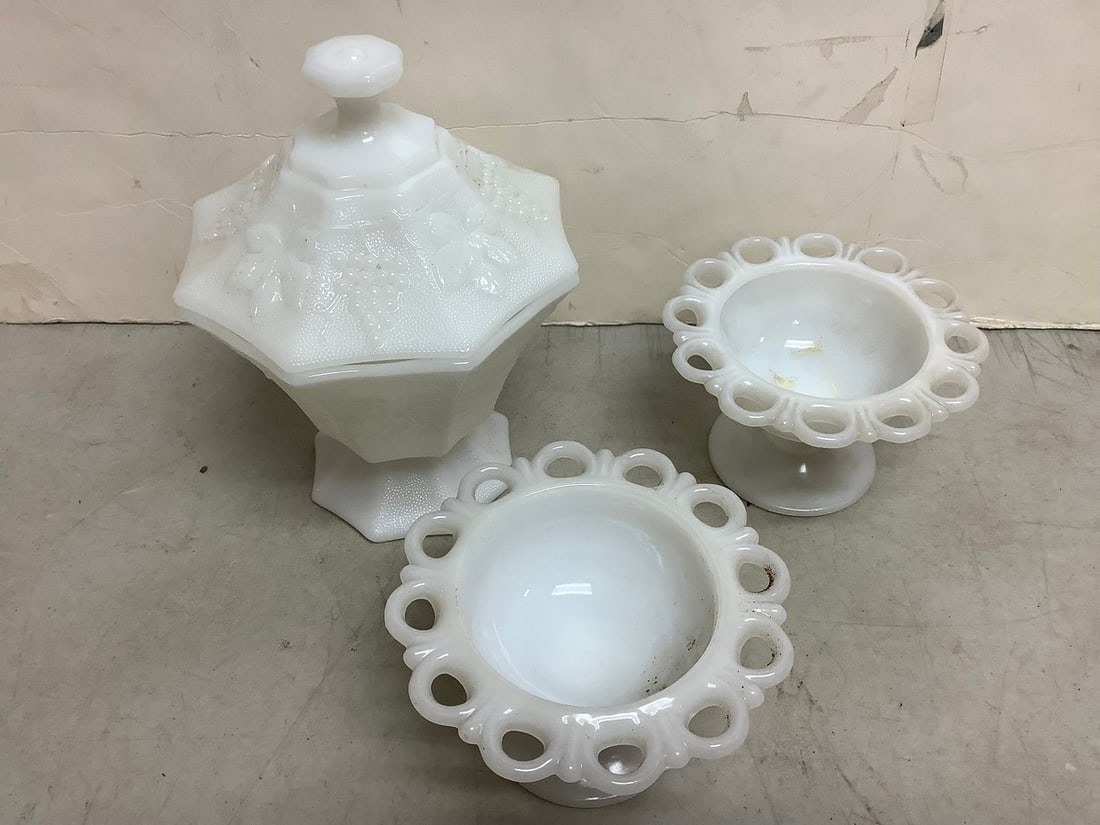 Vintage Anchor Hocking candy dish(8.25in.tall) and open lace pedestal bowls (1 of 1)