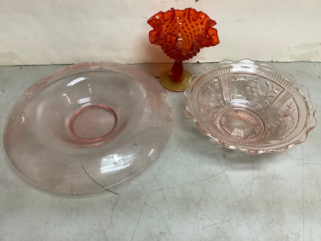 Depression glass bowls and Fenton candy dish(6in.tall) (1 of 1)