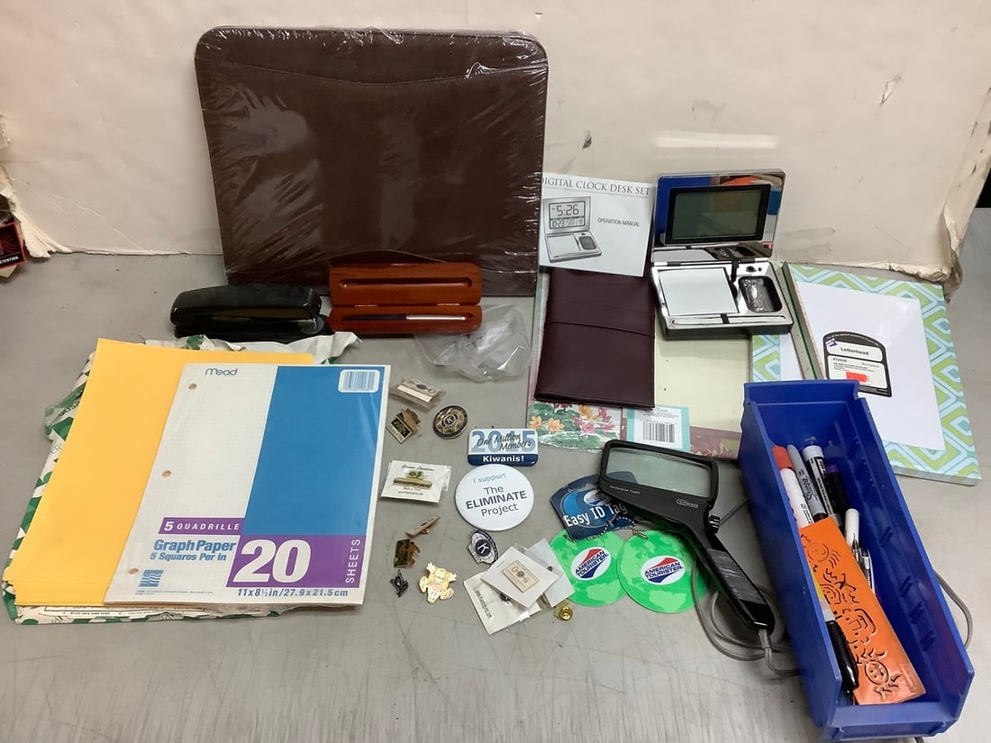 Various Office Supplies, Digital Clock Desk Set, Paper, Parker Pen with Case, Pins and more (1 of 1)