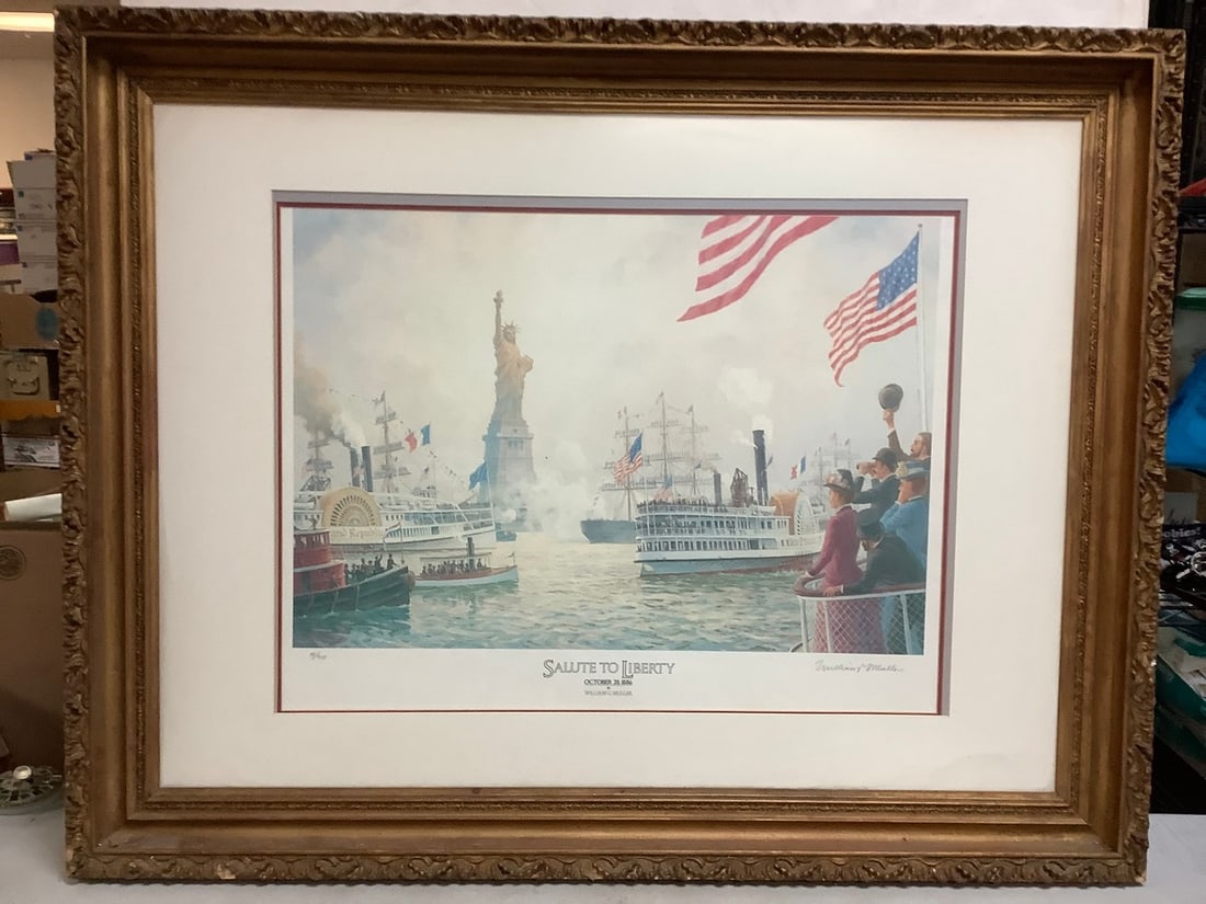 Framed oct 28 1886 salute to liberty signed by artist William g. Muller 41/950 36x46: Framed oct 28 1886 salute to liberty signed by artist William g. Muller 41/950 36x46