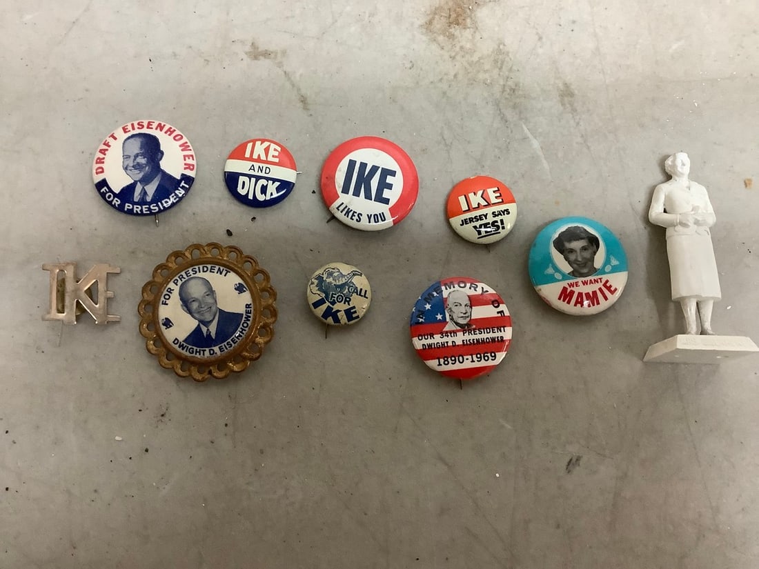 Political pins and miss eisenhower statue 2.75in tall: Political pins and miss eisenhower statue 2.75in tall