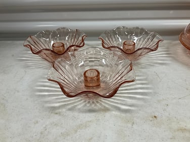 Lot of 3: Pink depression glass candle holders 6 inches