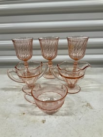 Lot of 6: Pink depression glasses, creamers and more