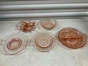 Lot of 5: Pink depression glass candle trays