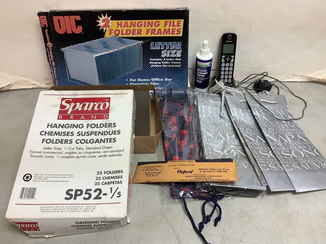 Various file folders, Panasonic home phone, Muscle Cramps Spray, and more