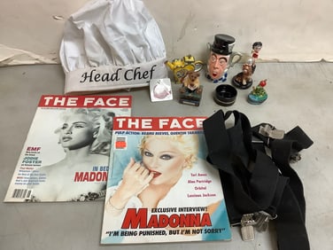 Decorative ceramics/trinket boxes(tallest 5in.), Head Chef cooking hat, The Face magazines, and more