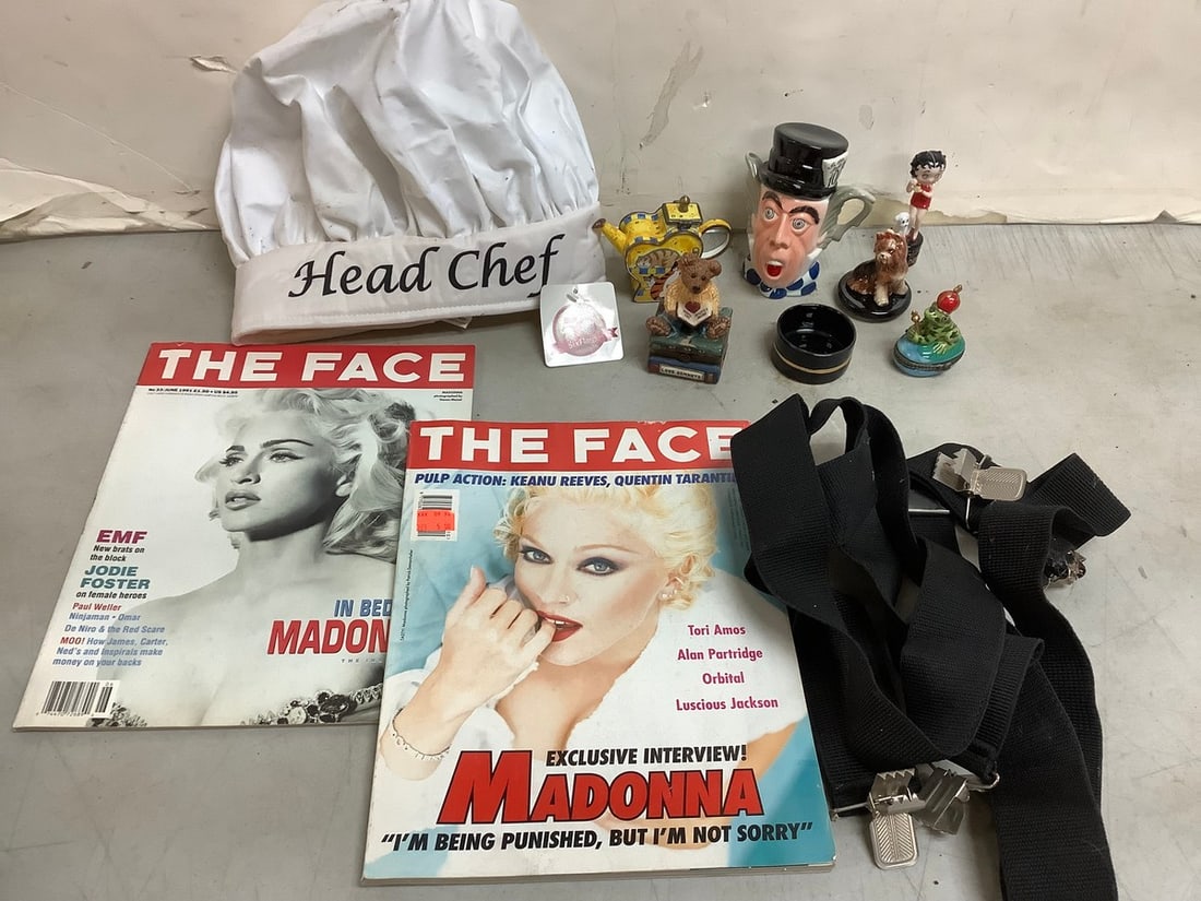 Decorative ceramics/trinket boxes(tallest 5in.), Head Chef cooking hat, The Face magazines, and more: Decorative ceramics/trinket boxes(tallest 5in.), Head Chef cooking hat, The Face magazines, and more