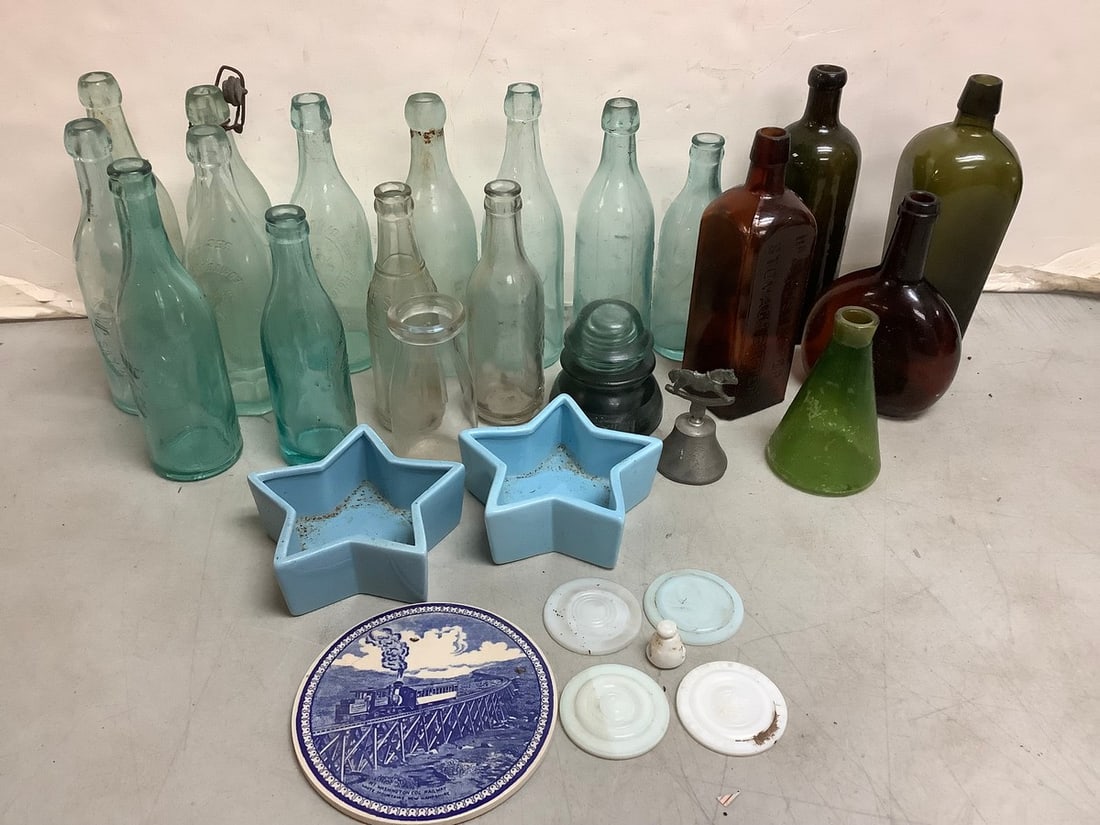 Vintage glass bottles(9.5in.tallest), blue transer decorative plate, and more: Vintage glass bottles(9.5in.tallest), blue transer decorative plate, and more