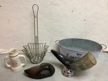 Miller Lite metal bucket, decorative horn, and more(18.5in.tallest)