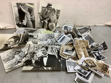 Vintage black and white movie film prints (some with descriptions) and photographs