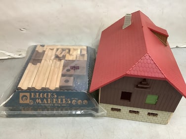 Vintage building set(9.75in.tall) and blocks and marbles set