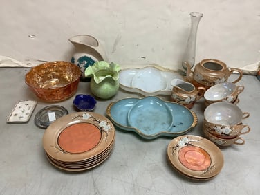 Hand painted tea seat (plates, pitcher, teapot,etc.), decorative vases, and more(tallest 10in.)