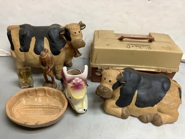 Various decorative statues, Plano art bin organizer, and more(tallest 10.75in.)
