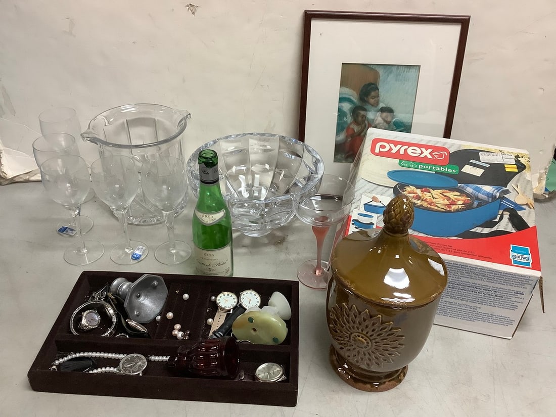 Pyrex insulated lunchbox bag with ice pak, large glass bowl, glaa ice bucket, framed: Pyrex insulated lunchbox bag with ice pak, large glass bowl, glaa ice bucket, framed artwork(11.75in.x14.75in.), and more