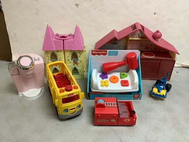 Fisher Price tap and turn bench, toy buildings(11.5in.tallest), and more