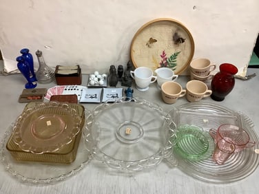 Various Glass Cake Plates(15.5in Across), Pepper/Salt Shakers, Ceramic Cups, Candle Holders and more